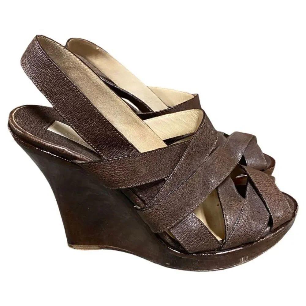 Michael Kors Brown Leather Strappy Platform Wedge Sandal Size 7